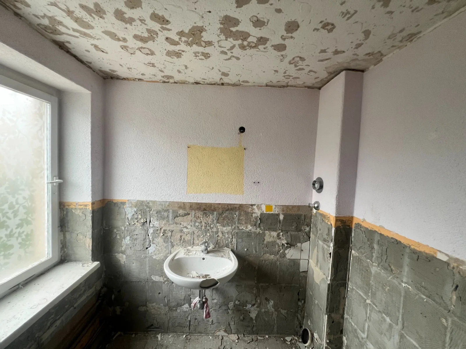Sanitärobjekte und Fliesen entfernt, Wände für die Vorwand vorbereitet