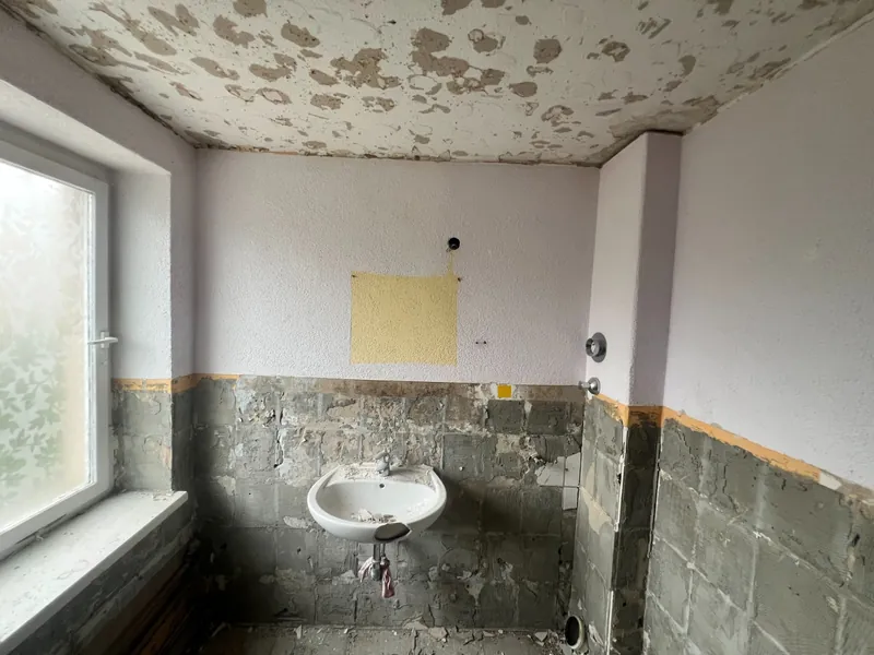 Sanitärobjekte und Fliesen entfernt, Wände für die Vorwand vorbereitet